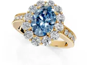 Halo Engagement Ring Setting for Fancy Blue Oval Center with Milgrain Channel Band and Prong Head in Yellow Gold