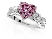 3 Stone Engagement Ring Setting for Fancy Pink Heart-Shaped Center with Pave Split Shank and Prong Head in Platinum
