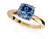 Solitaire Engagement Ring Setting for Fancy Blue Cushion Cut Center with Open Cathedral Shoulders and Prong Head in Yellow Gold