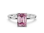 Hidden Halo Engagement Ring Setting for Fancy Pink Emerald Cut Center with Thin Rounded Band and Prong Head in White Gold