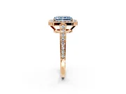 Bezel-Framed Halo Engagement Ring Setting for Fancy Blue Radiant Cut Center with Pave Band and Prong Head in Rose Gold