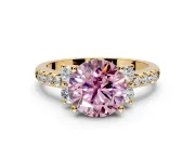 Paired Accent Engagement Ring Setting for Fancy Pink Round Cut Center with Pave Band and Prong Head in Yellow Gold