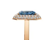 Halo Engagement Ring Setting for Fancy Blue Emerald Cut Center with Plain Tapered Band and Prong Head in Rose Gold
