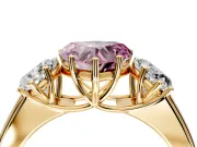 3 Stone Engagement Ring Setting for Fancy Pink Heart-Shaped Center with Raised Basket Heads and Prong Head in Yellow Gold