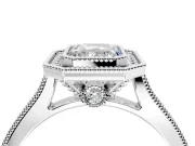 Halo Engagement Ring Setting for Emerald Cut Center with Milgrain Pave Band and Bezel Head in Platinum