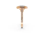 Halo Engagement Ring Setting for Asscher Cut Center with Milgrain Frame, Pave Band and Prong Head in Rose Gold
