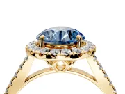 Halo Engagement Ring Setting for Fancy Blue Round Cut Center with Raised Halo, Pave Band and Prong Head in Yellow Gold