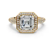 Milgrain Halo Engagement Ring Setting for Asscher Cut Center with Three-Sided Pave Band and Prong Head in Yellow Gold