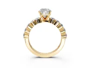 Shared-Prong Engagement Ring Setting for Cushion Cut Center with Graduated Accents and Prong Head in Yellow Gold