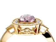 Halo Engagement Ring Setting for Fancy Pink Pear-Shaped Center with Milgrain Rim, Pave Band and Prong Head in Yellow Gold