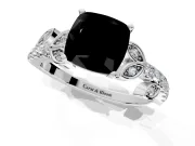 Leaf Motif Engagement Ring Setting for Fancy Black Cushion Cut Center with Pave Band and Prong Head in Platinum