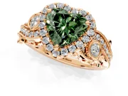 Milgrain Halo Engagement Ring Setting for Fancy Green Heart-Shaped Center with Shoulder Bezels and Prong Head in Rose Gold