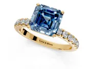 Open Basket Engagement Ring Setting for Fancy Blue Asscher Cut Center with Pave Band and Prong Head in Yellow Gold