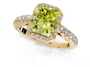 Halo Engagement Ring Setting for Fancy Yellow Radiant Cut Center with Full Pave Band and Prong Head in Yellow Gold