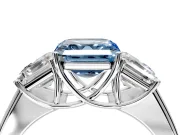 3 Stone Engagement Ring Setting for Fancy Blue Asscher Cut Center with Raised Basket Heads and Prong Head in Platinum