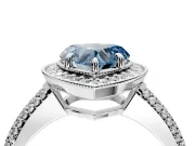 Milgrain Halo Engagement Ring Setting for Fancy Blue Heart-Shaped Center with Three-Sided Pave Band and Prong Head in Sterling Silver