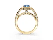 Halo Engagement Ring Setting for Fancy Blue Cushion Cut Center with Framed Halo, Pave Band and Prong Head in Yellow Gold