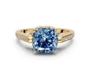 Cathedral Engagement Ring Setting for Fancy Blue Cushion Cut Center with Antique-Style Pave Band and Prong Head in Yellow Gold