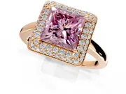 Halo Engagement Ring Setting for Fancy Pink Princess Cut Center with Plain Tapered Band and Prong Head in Rose Gold
