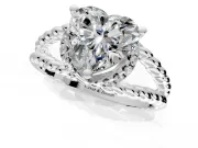 Halo Engagement Ring Setting for Heart-Shaped Center with Rope Twist Split Shank and Prong Head in Platinum