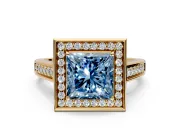 Halo Engagement Ring Setting for Fancy Blue Princess Cut Center with Outer Bezel Rim, Pave Band and Prong Head in Yellow Gold