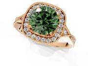 Halo Engagement Ring Setting for Fancy Green Round Cut Center with Milgrain Rim, Pave Band and Prong Head in Rose Gold