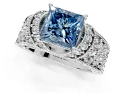 Pave Engagement Ring Setting for Fancy Blue Princess Cut Center with Curved Accent Rows, Openwork and Prong Head in White Gold