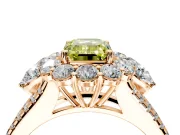 Halo Engagement Ring Setting for Fancy Yellow Emerald Cut Center with Two-Strand Split Shank and Prong Head in Rose Gold