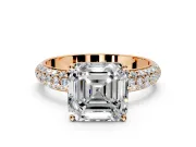 Solitaire Engagement Ring Setting for Asscher Cut Center with Domed Multi-Row Pave Band and Prong Head in Rose Gold