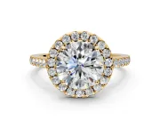 Halo Engagement Ring Setting for Round Cut Center with Narrowing Pave Band and Prong Head in Yellow Gold