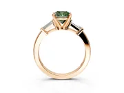 3 Stone Engagement Ring Setting for Fancy Green Cushion Cut Center with Channel Baguette Accents and Prong Head in Rose Gold