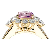 Halo Engagement Ring Setting for Fancy Pink Radiant Cut Center with Two-Strand Split Shank and Prong Head in Yellow Gold