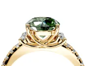 Paired Accent Engagement Ring Setting for Fancy Green Round Cut Center with Pave Band and Prong Head in Yellow Gold