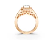 Halo Engagement Ring Setting for Radiant Cut Center with Milgrain Split Shank and Prong Head in Rose Gold