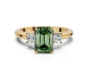 3 Stone Engagement Ring Setting for Fancy Green Emerald Cut Center with Wide Plain Band and Prong Head in Yellow Gold