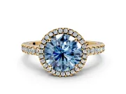Accent Halo Engagement Ring Setting for Fancy Blue Round Cut Center with Full-Length Pave Band and Prong Head in Yellow Gold