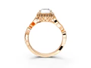 Halo Engagement Ring Setting for Radiant Cut Center with Leaf Motif Split Shank and Prong Head in Rose Gold