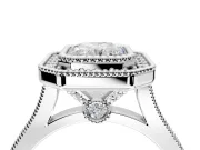 Halo Engagement Ring Setting for Radiant Cut Center with Milgrain Frame, Pave Band and Prong Head in White Gold