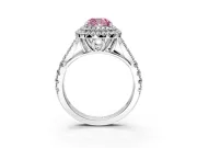 Double Halo Engagement Ring Setting for Fancy Pink Cushion Cut Center with Narrow Pave Split Shank and Prong Head in Platinum