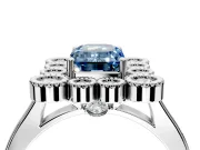 Cluster Halo Engagement Ring Setting for Fancy Blue Emerald Cut Center with Milgrain Bezel Accents and Prong Head in White Gold