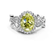 Halo Engagement Ring Setting for Fancy Yellow Oval Center with Leaf Motif Split Shank and Prong Head in White Gold