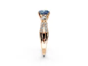 3 Stone Engagement Ring Setting for Fancy Blue Cushion Cut Center with Pave Split Shank and Prong Head in Rose Gold
