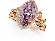 Halo Engagement Ring Setting for Fancy Pink Marquise Center with Leaf Motif Split Shank and Prong Head in Rose Gold