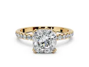 Solitaire Engagement Ring Setting for Cushion Cut Center with Pave Band and Claw Prong Head in Yellow Gold
