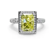 Halo Engagement Ring Setting for Fancy Yellow Radiant Cut Center with Metal-Rimmed Halo, Pave Band and Prong Head in Platinum