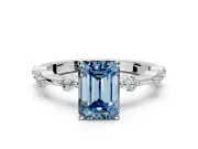 Solitaire Engagement Ring Setting for Fancy Blue Emerald Cut Center with Bezel Station Band and Prong Head in Sterling Silver