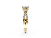 3 Stone Engagement Ring Setting for Princess Cut Center with Pave Split Shank and Prong Head in Yellow Gold