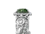 Milgrain Halo Engagement Ring Setting for Fancy Green Cushion Cut Center with Shoulder Bezels and Prong Head in Platinum