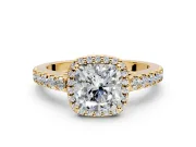Halo Engagement Ring Setting for Cushion Cut Center with Full Pave Band and Prong Head in Yellow Gold