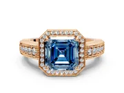 Milgrain Halo Engagement Ring Setting for Fancy Blue Asscher Cut Center with Pave Band and Prong Head in Rose Gold